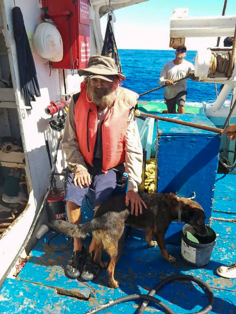 Shaddock and Bella the dog were rescued by a tuna boat after spending months at sea.