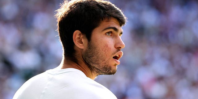 Carlos Alcaraz looks on during his quarterfinal match