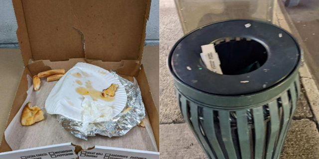 Pizza leftovers in a box discarded in a manhattan curbside trash can