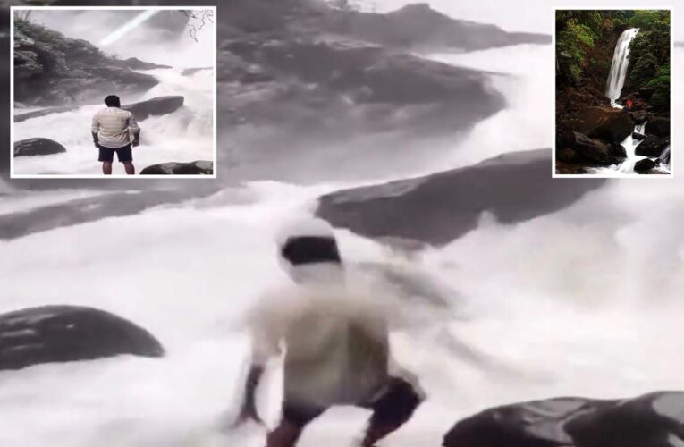 Heart-stopping video shows man being swept away in raging waterfall