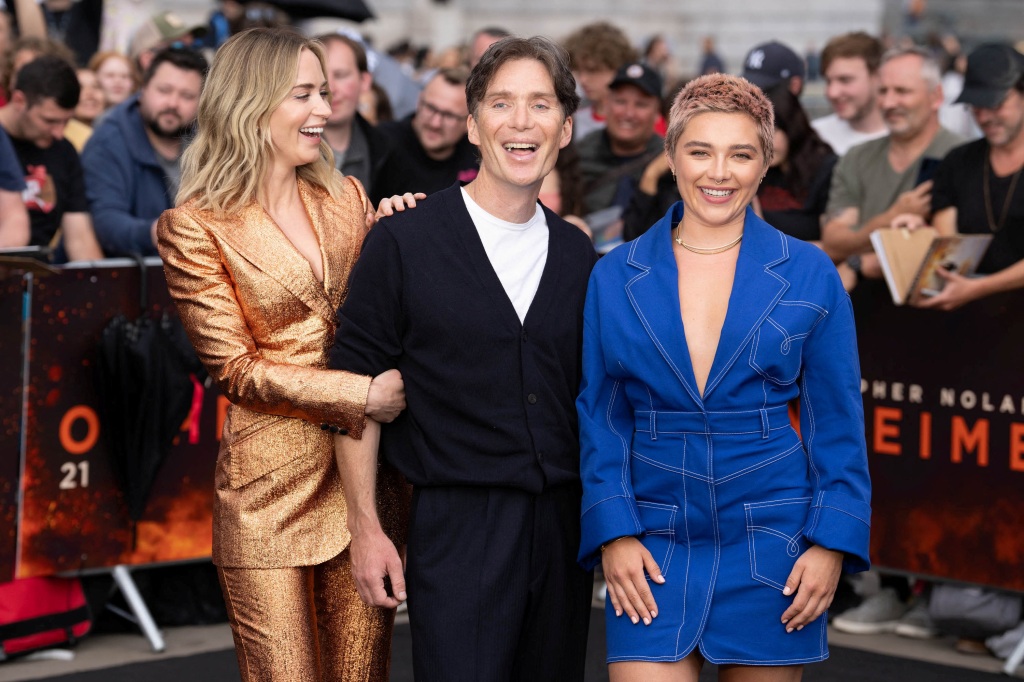 Cast members Emily Blunt, Cillian Murphy and Florence Pugh attend a photo call for "Oppenheimer" in London, Britain, July 12, 2023. 