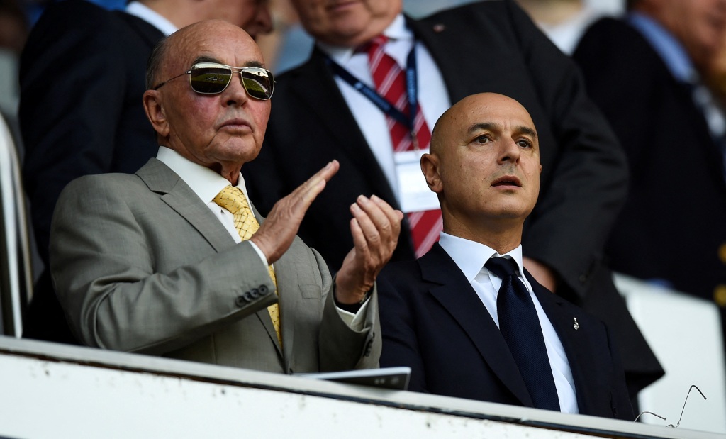 Tottenham Hotspur owner Joe Lewis (L) and chairman Daniel Levy in the stands.