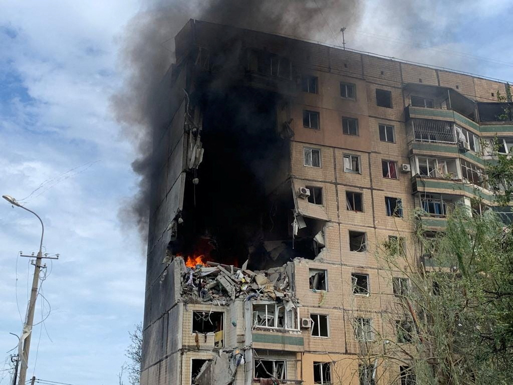 A view shows an apartment building heavily damaged by a Russian missile strike, amid Russia's attack on Ukraine.