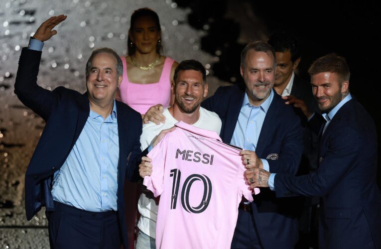 Lionel Messi addresses fans with co-owner David Beckham after Inter Miami unveiling in Major League Soccer