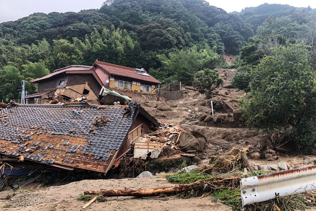 A landslide in Karatsu City, Saga is shown after heavy rains hit wide areas across Kyushu island on July 10, 2023. 