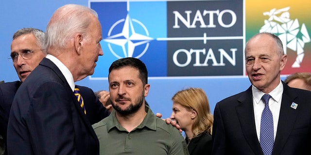 Ukrainian President Zelenskyy looks up at Biden during NATO summit