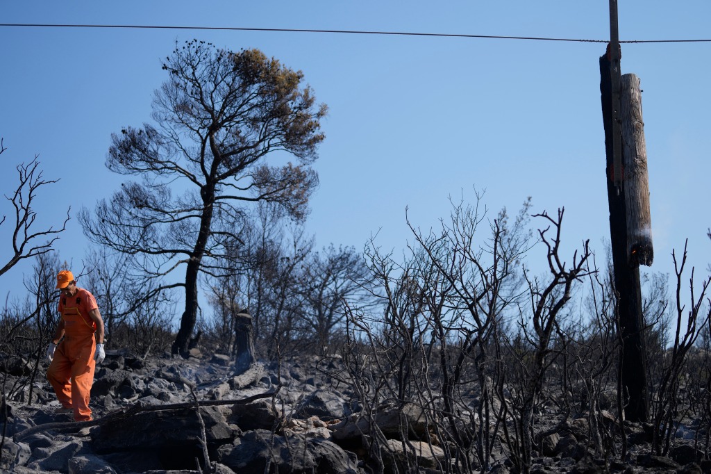 A worker checks the damages to electricity poles after yesterday's fire in Agia Sotira west of Athens, on July 19, 2023. 