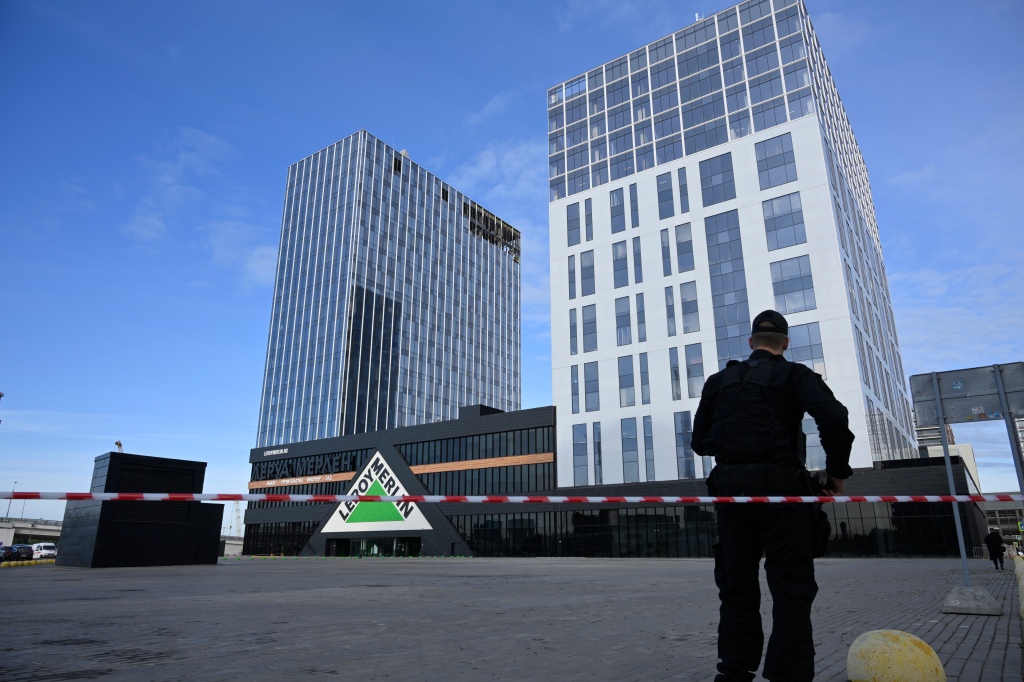 A view of the damaged building is seen after a reported drone attack in Moscow, Russia, on July 24, 2023.