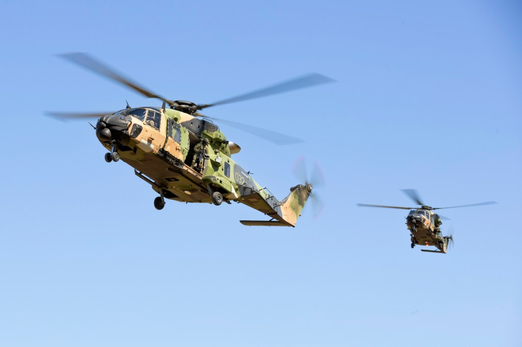 A MRH-90 Taipan helicopters prepare to land at Townsville, Australia, on May 10, 2023.