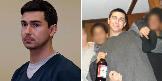 split image left: Matthew Nilo in court and right: Nilo partying with friends