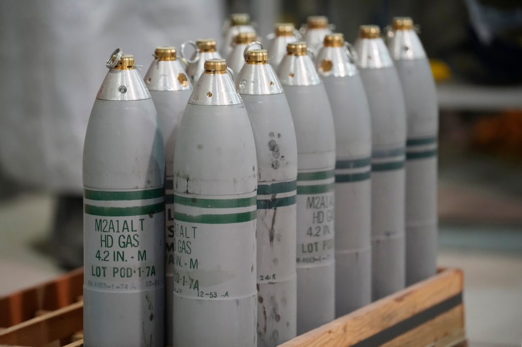 Canisters of mustard gas, which are part of the United States' chemical weapons stockpile, wait for destruction at the U.S. Army Pueblo Chemical Depot Thursday, June 8, 2023, in Pueblo, Colo. 