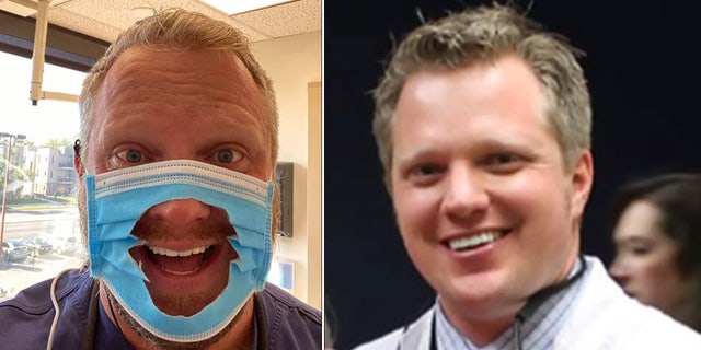 James Craig in face mask with giant hole in it, smiling Craig in button shirt at right