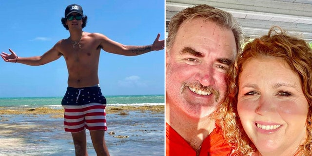 Man wearing American flag shorts poses at the beach next to a photo of a smiling couple.