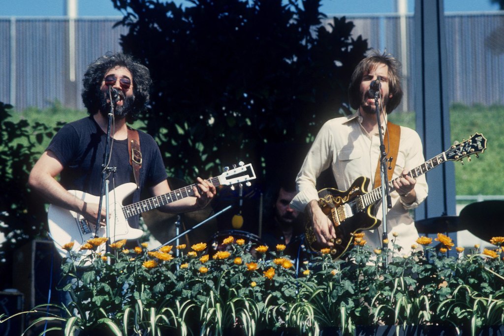 Jerry Garcia and Bob Weir performing with 'the Grateful Dead' in Oakland Coliseum in Oakland, California on October 9, 1976. 