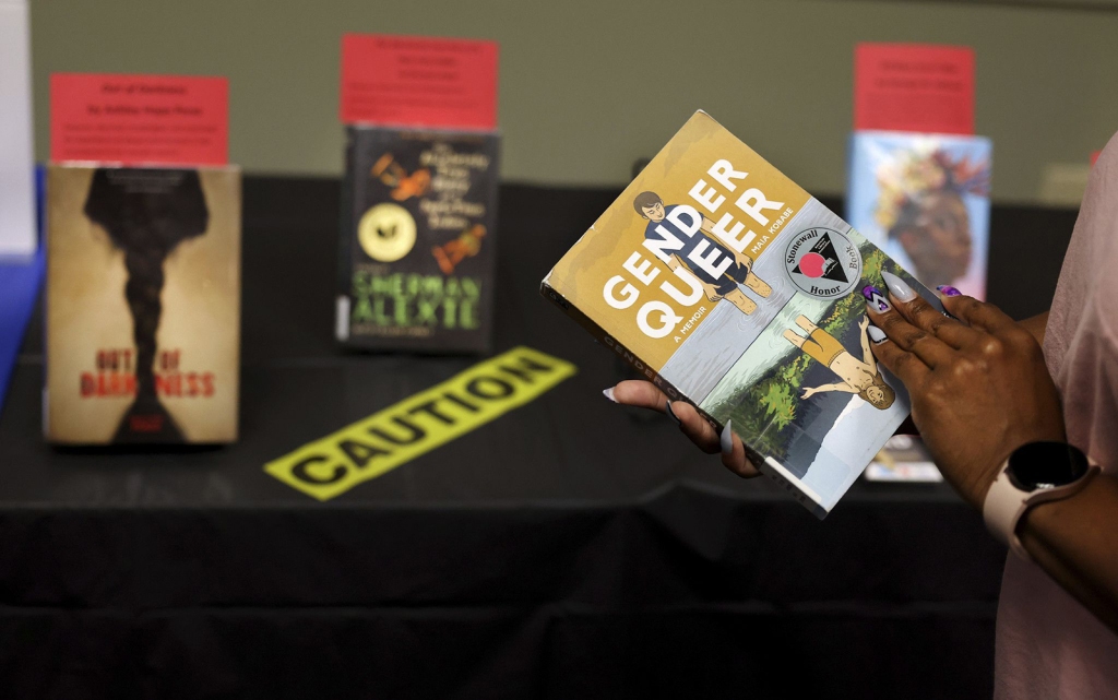 Gender Queer: A Memoir by Maia Kobabe, is one of the banned and challenged books on display during Banned Books Week 2022 at the Lincoln Belmont branch of the Chicago Public Library. 