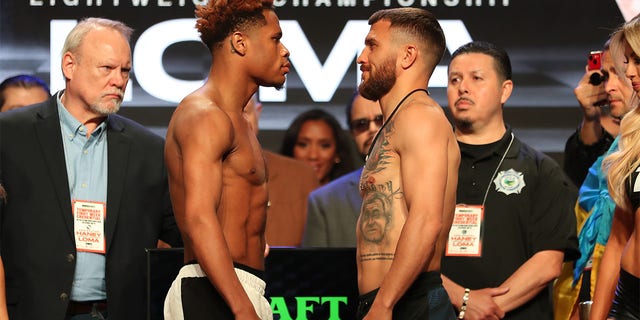 Devin Haney and Vasilly Lomachenko at the weigh-in