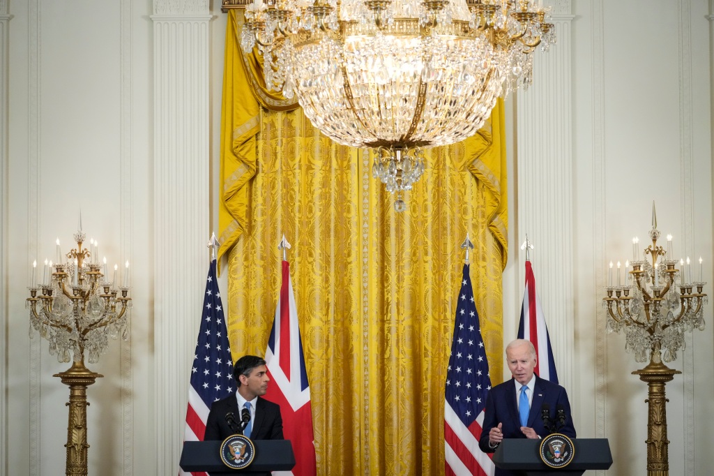 U.S. President Joe Biden (R) and Prime Minister of the United Kingdom Rishi Sunak (L) hold a joint press conference in the East Room at the White House on June 8, 2023 in Washington, DC.