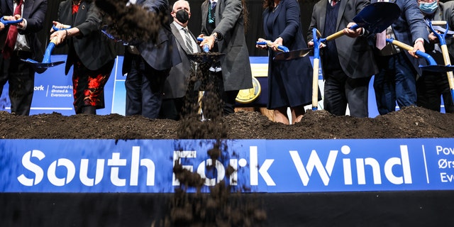 Secretary of the Interior Deb Haaland and New York Governor Kathy Hochul participate in a groundbreaking ceremony for the future South Fork Wind Farm in Wainscott, New York, on Feb. 11, 2022. (Steve Pfost/Newsday RM via Getty Images)