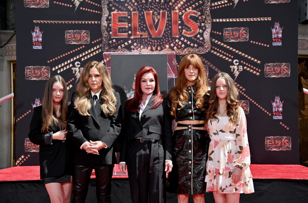 Lisa Marie Presley with her mother Priscilla Presley and her daughters Harper Vivienne Ann Lockwood, Riley Keough, and Finley Aaron Love Lockwood, at the Handprint Ceremony honoring Three Generations of Presley's at TCL Chinese Theater on June 21, 2022.