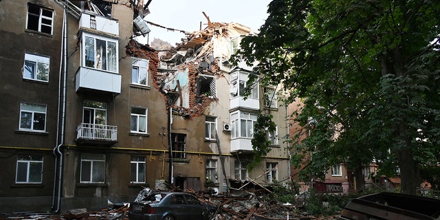 A damaged building in Ukraine