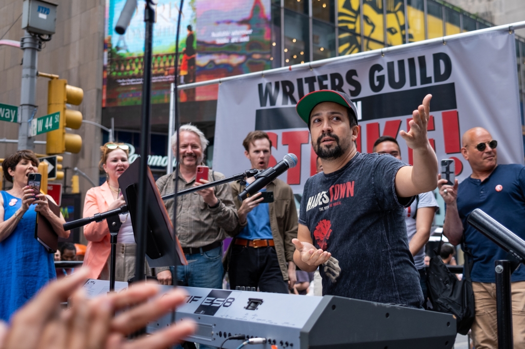 Lin-Manuel Miranda sings at the 'Broadway Day Rally' hosted by the Writers Guild of America (WGA) East in Times Square on June 15, 2023 in New York City. 