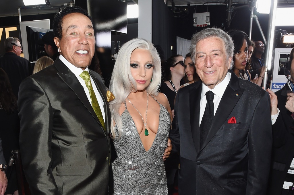 Smokey Robinson, Lady Gaga and Tony Bennett attend The 57th Annual GRAMMY Awards at the STAPLES Center on February 8, 2015 in Los Angeles