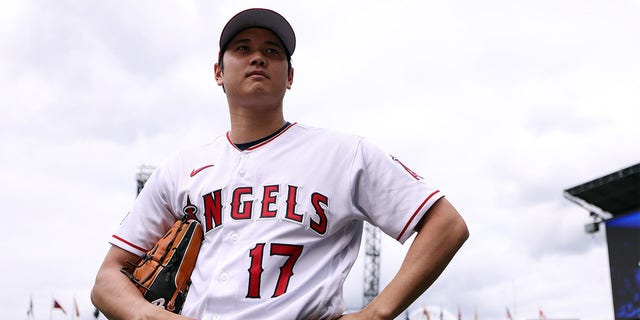 Shohei Ohtani looks on at the All-Star workout day