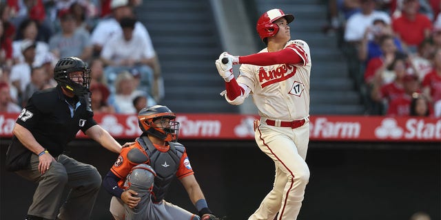 Shohei Ohtani hits a home run against the Astros