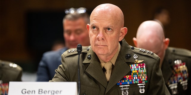 Photo of Gen. Berger testifying at the Senate Armed Services Committee hearing.