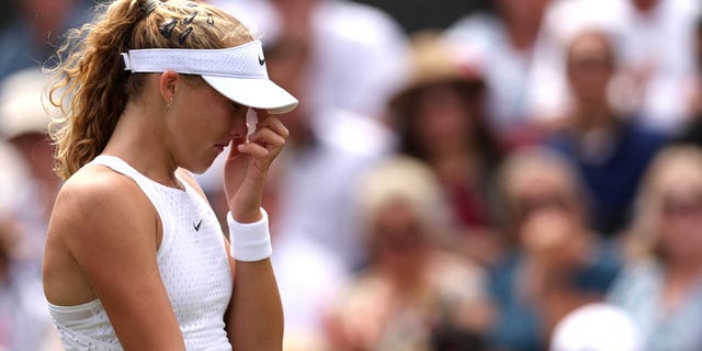 Mirra Andreeva reacts to a point during her fourth round match at Wimbledon