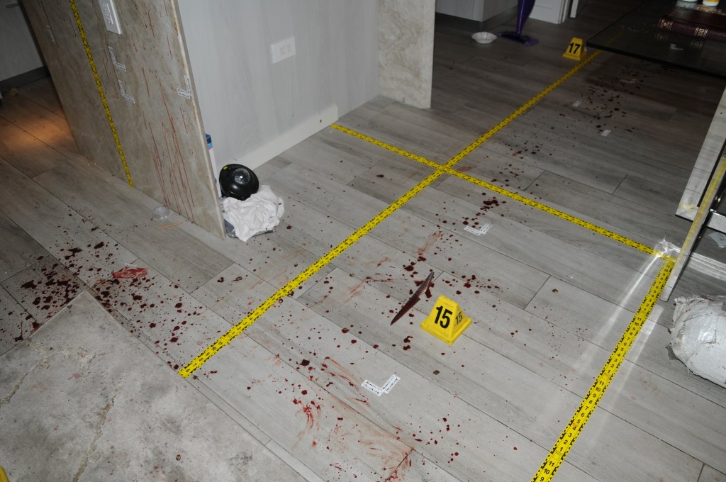 GRAPHIC: Image shows the crime scene inside Courtney Clenney's and Christian Obumseli's luxury apartment. 
