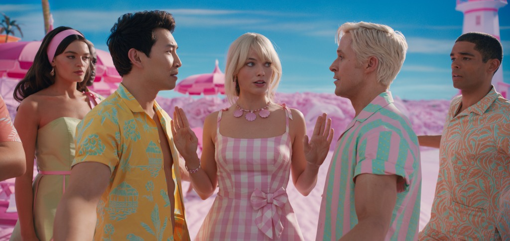 Simu Liu, Margot Robbie and Ryan Gosling in "Barbie."