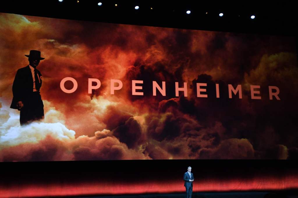 British director Christopher Nolan speaks on stage about his movie "Oppenheimer" during Universal Pictures and Focus Features presentation at CinemaCon 2023, the official convention of the National Association of Theatre Owners (NATO), at The Colosseum at Caesars Palace on April 25, 2023 in Las Vegas, Nevada.