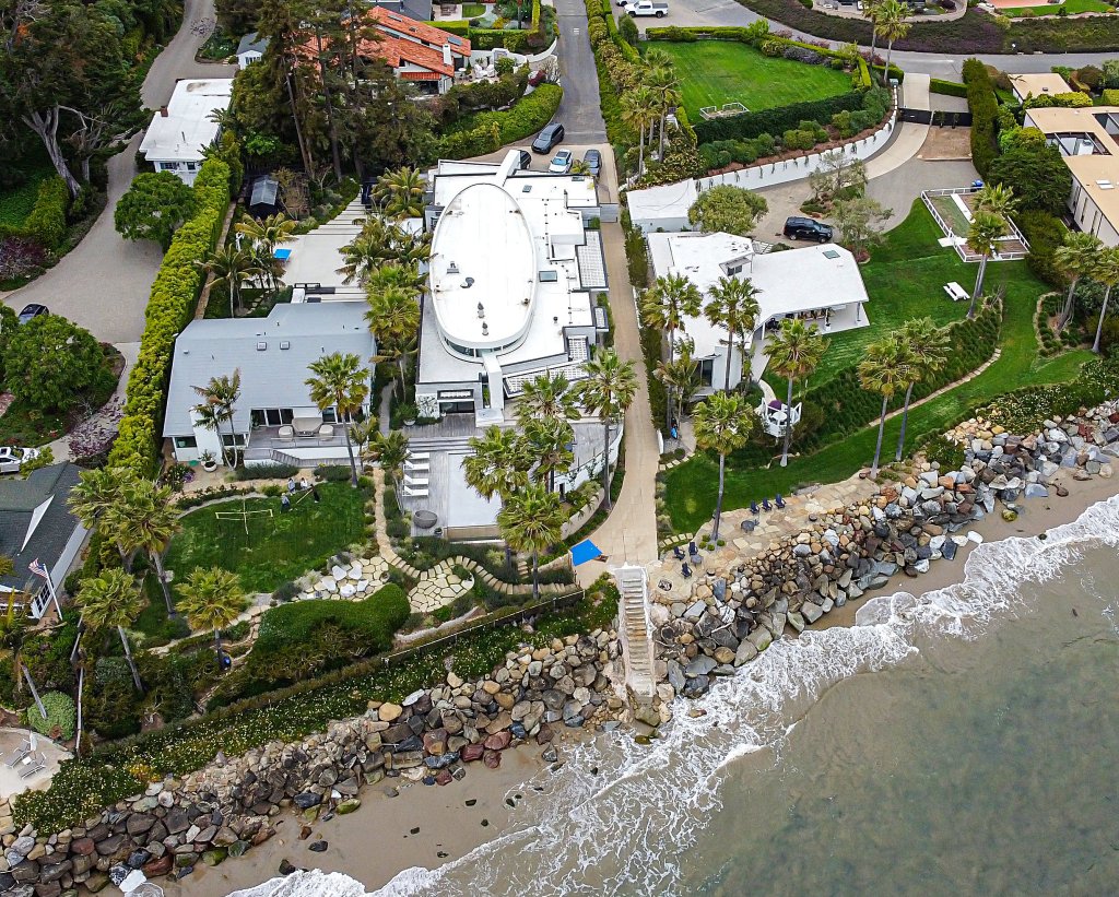 Pictured are aerial views of Kevin Costner's coastal estate located in Carpinteria, CA which he shares with his estranged wife Christine Baumgartner 