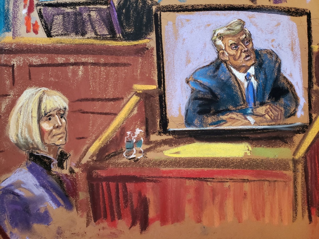 FILE PHOTO: Former Elle magazine advice columnist E. Jean Carroll watches as a former U.S. president Donald Trump's video deposition is played in court during a civil trial where Carroll accuses the former U.S. president in a civil lawsuit of raping her in a department store dressing room in the mid-1990s, and of defamation, in New York, U.S., May 4, 2023 in this courtroom sketch. REUTERS/Jane Rosenberg/File Photo
