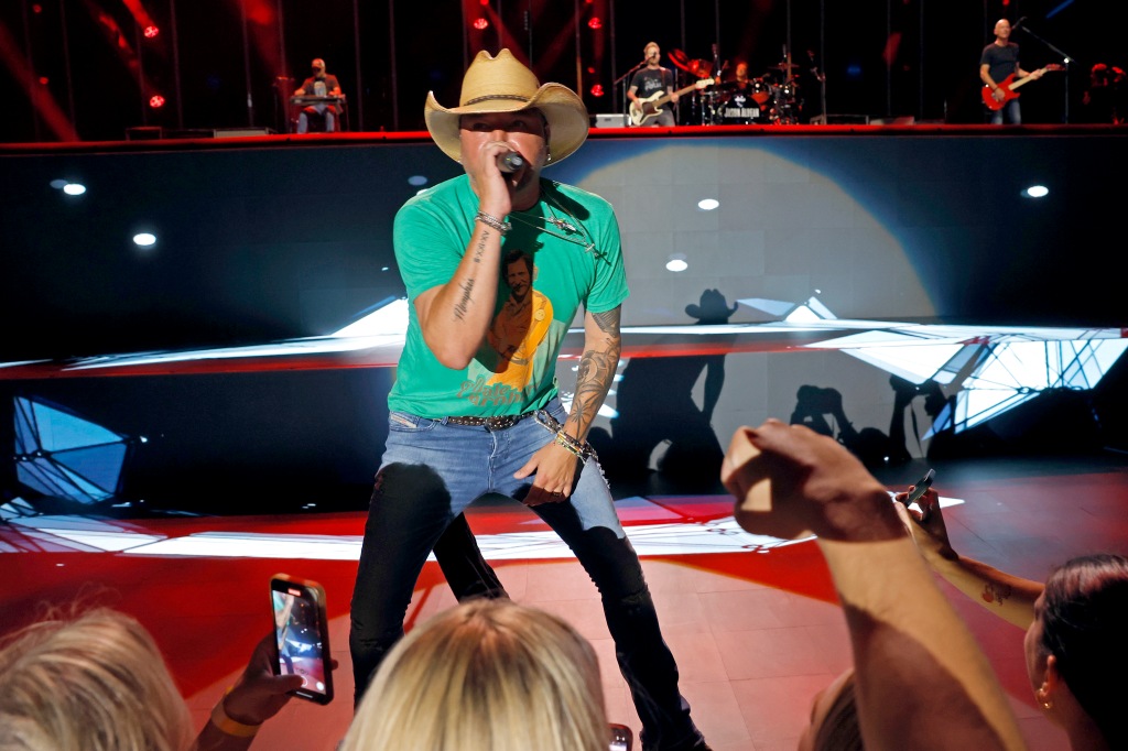 Jason Aldean performs onstage during day three of CMA Fest 2023 at Nissan Stadium on June 10 in Nashville.
