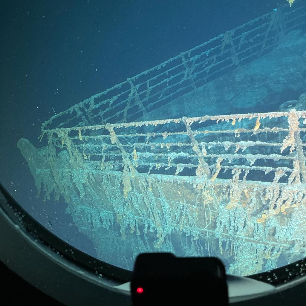 The Titanic wreck site located approximately 450 miles from the coast of Newfoundland. 