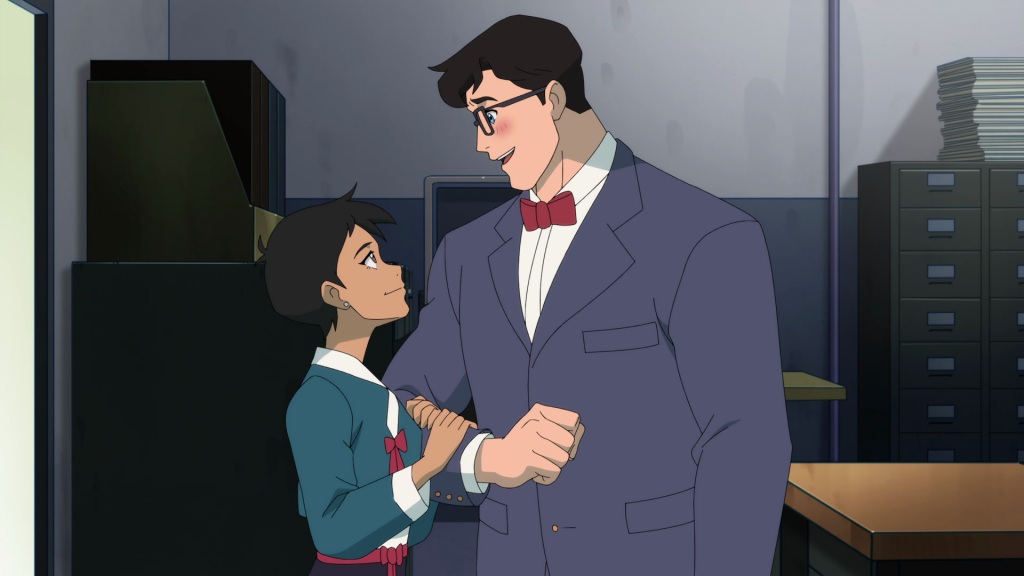 Superman and Lois look at each other smiling, as cartoons. 