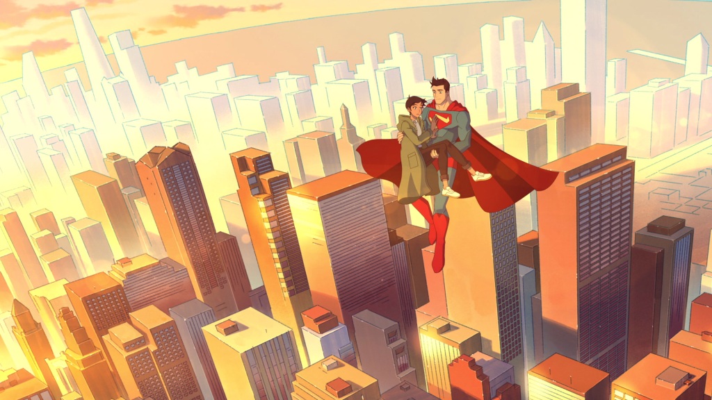 Superman and Lois flying over a city, as cartoons. 