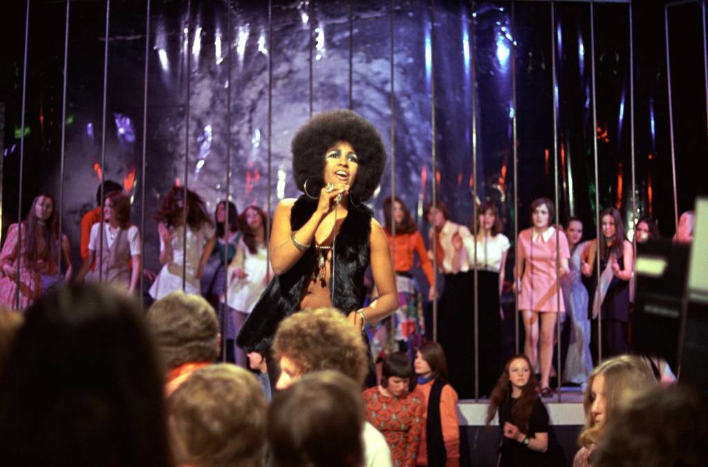 Marsha Hunt performs on the set of a music television show in London, 1970. 