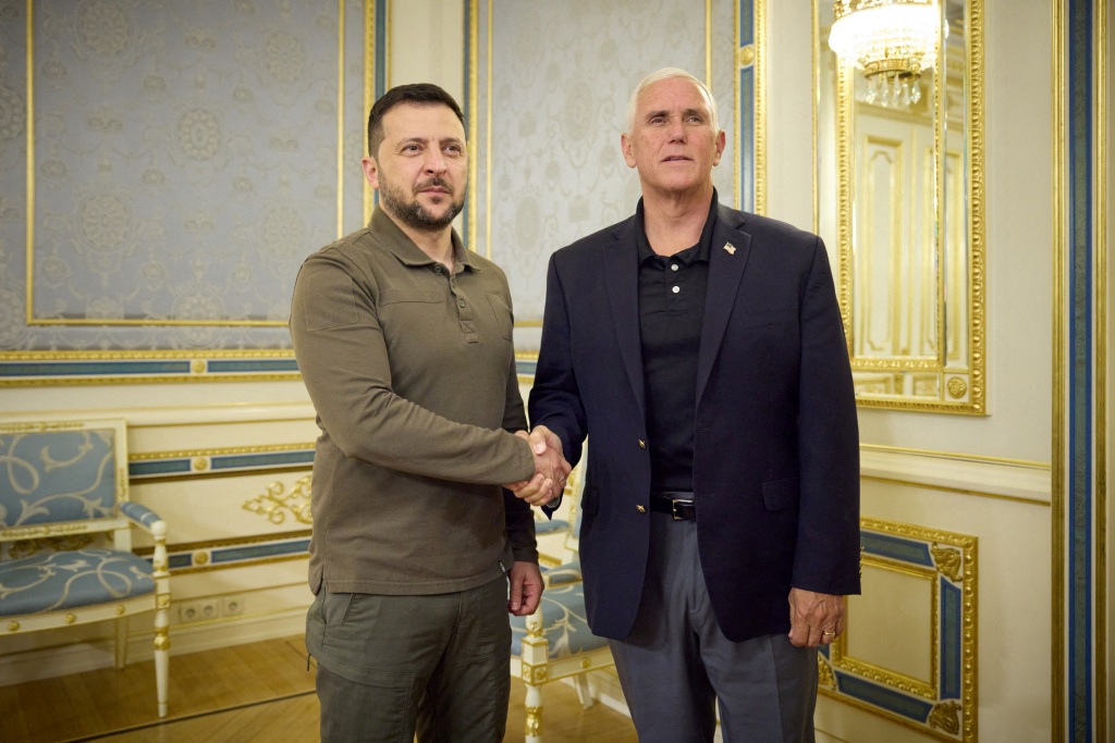 Pence with Ukrainian President Volodymyr Zelensky during a trip to Kyiv on June 29, 2023.
