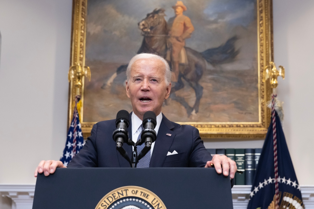 President Biden is pictured speaking about the Supreme Court decision on affirmative action at colleges