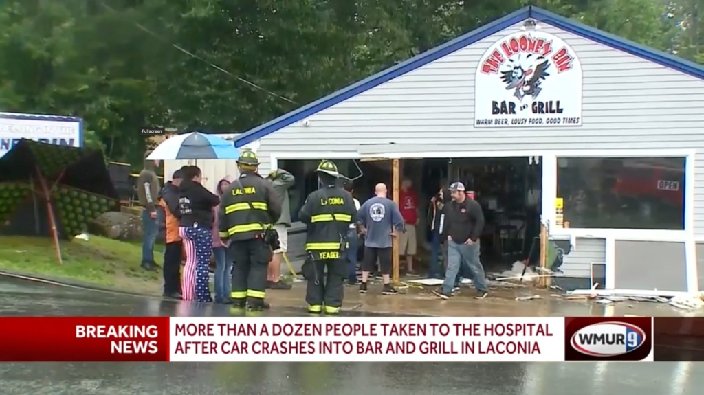 More than a dozen people were taken to local hospitals after a vehicle went into a Laconia restaurant Sunday afternoon