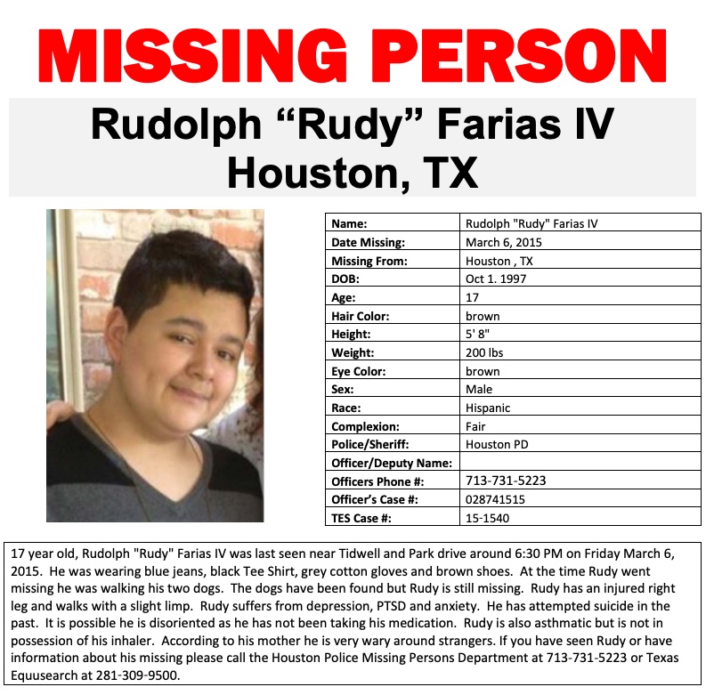 Missing persons poster for Rudy Farias, who disappeared in March 2015 when he was 17. 