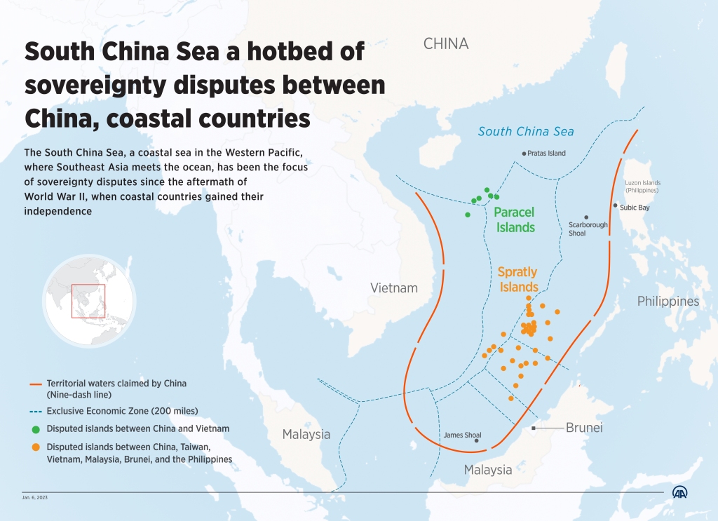 ANKARA, TURKIYE - JANUARY 06: An infographic titled "South China Sea a hotbed of sovereignty disputes between China, coastal countries" created in Ankara, Turkiye on January 06, 2023.