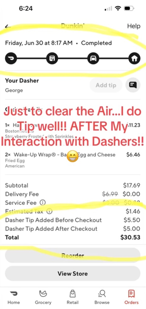 Purciful shared a receipt from a DoorDash order made earlier in the day to show that she does not skimp on tips