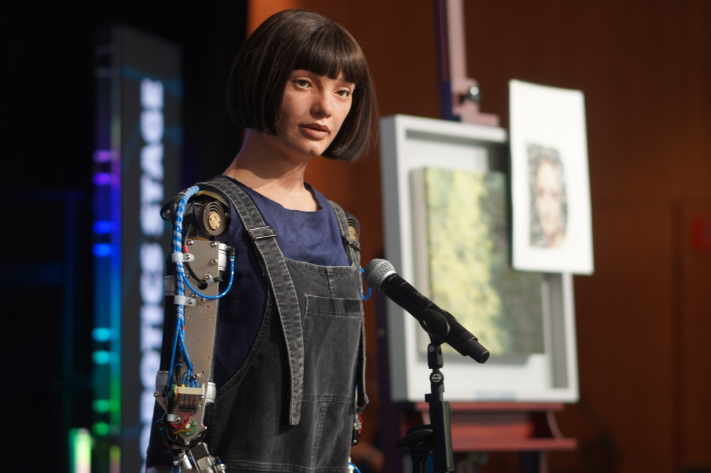 Robot artist Ai-Da Robot is presented by her creator Aidan Meller on July 06, 2023 in Geneva, Switzerland.