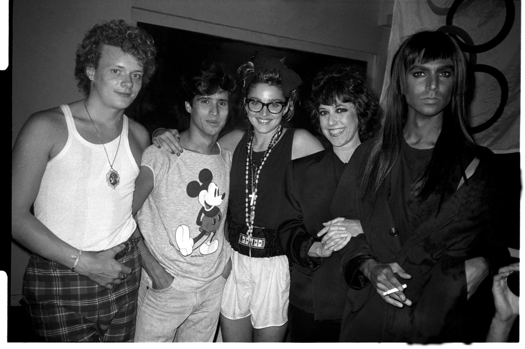 Martin Burgoyne, John 'Jellybean' Benitez, Madonna, Lisa Robinson, and Steven Meisel at David Lee Roth's birthday party held at Area. 1984. (Photo by Patrick McMullan/Getty Images)