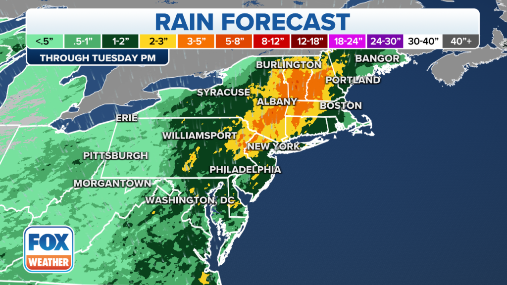 Map showing rain forecasted for the Northeast.