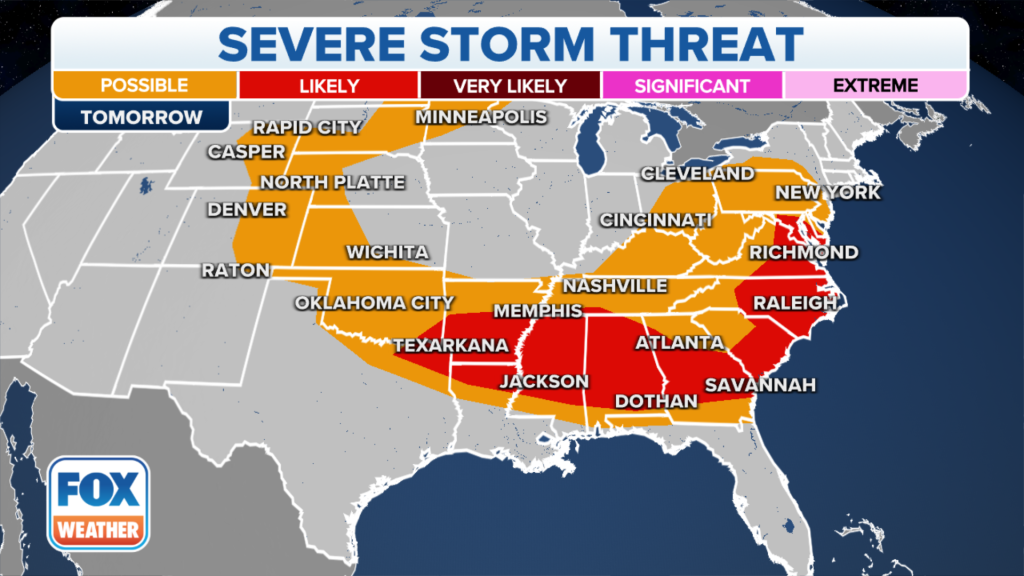 Weather map shows severe storm threats for central, southeast and parts of eastern United States.